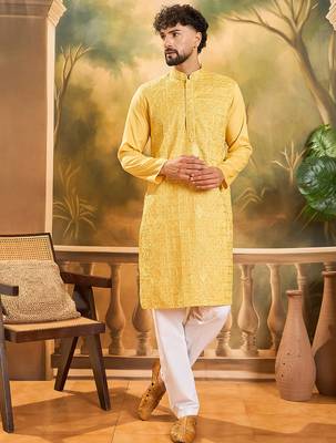 Men yellow silk blend solid embroidered straight kurta 2