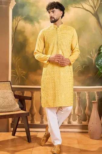 Men yellow silk blend solid embroidered straight kurta