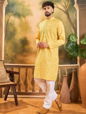 Men yellow silk blend solid embroidered straight kurta 3