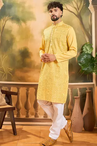 Men yellow silk blend solid embroidered straight kurta
