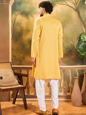 Men yellow silk blend solid embroidered straight kurta 4