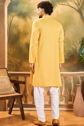 Men yellow silk blend solid embroidered straight kurta