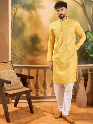 Men yellow silk blend solid embroidered straight kurta 5