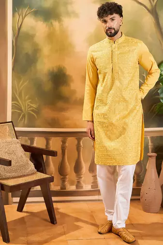 Men yellow silk blend solid embroidered straight kurta