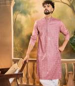 Men mauve silk blend solid embroidered straight kurta