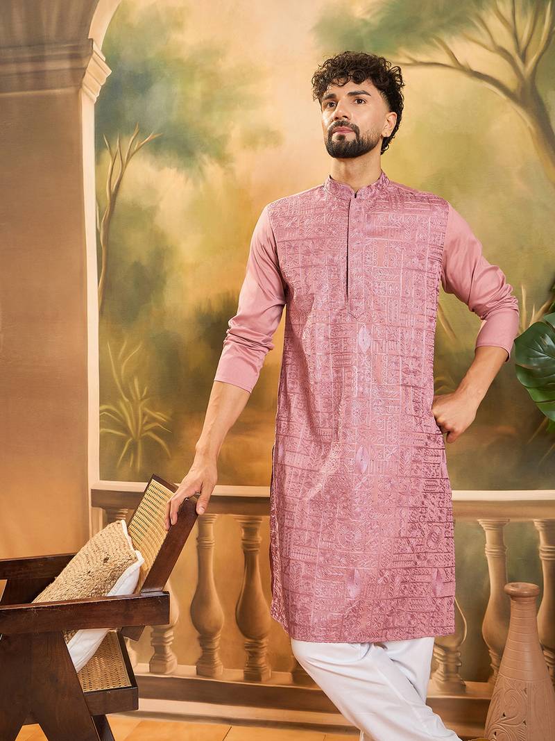 Men mauve silk blend solid embroidered straight kurta