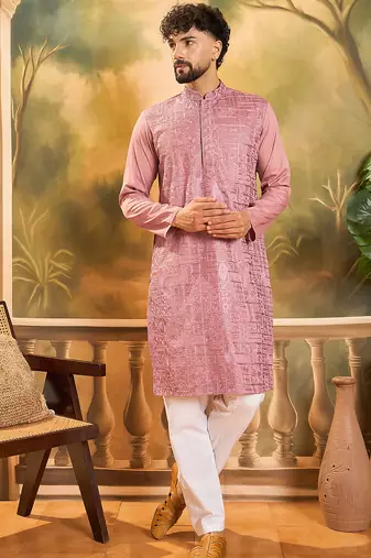 Men mauve silk blend solid embroidered straight kurta
