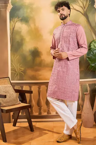Men mauve silk blend solid embroidered straight kurta