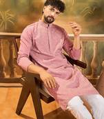 Men mauve silk blend solid embroidered straight kurta