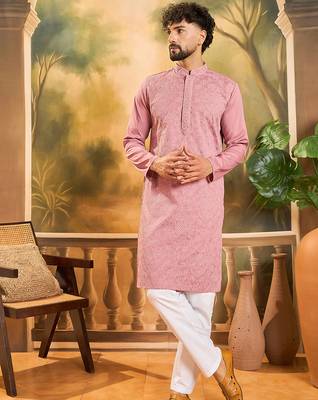 Men mauve silk blend solid embroidered straight kurta 1