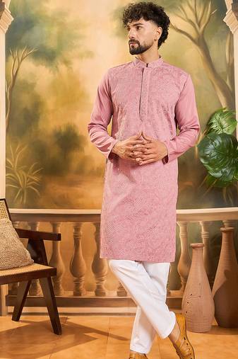 Men mauve silk blend solid embroidered straight kurta