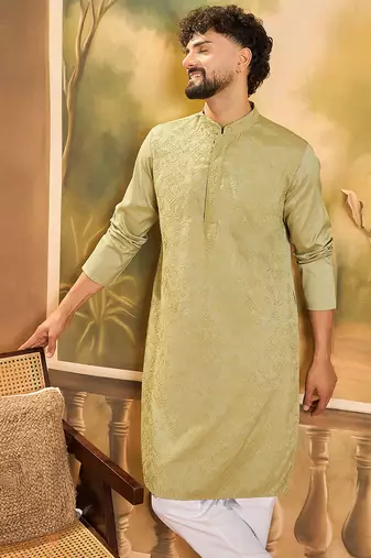 Men green silk blend solid embroidered straight kurta
