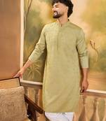 Men green silk blend solid embroidered straight kurta