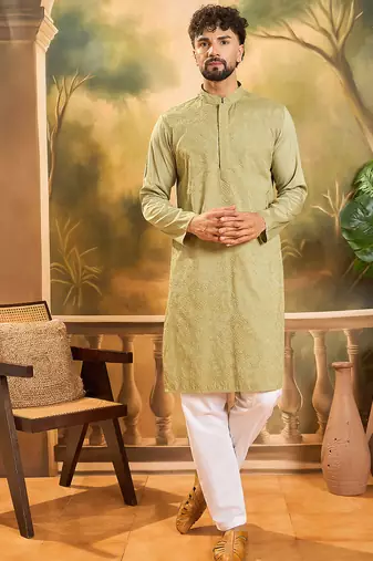 Men green silk blend solid embroidered straight kurta