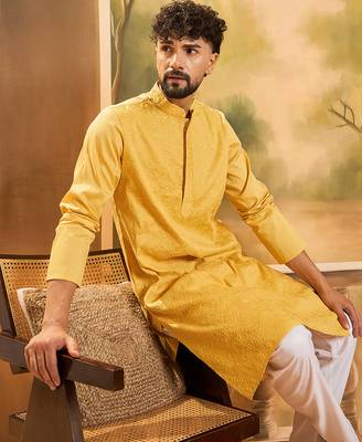 Men yellow silk blend solid embroidered straight kurta 1