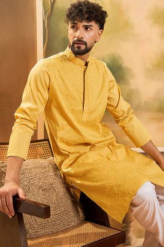Men yellow silk blend solid embroidered straight kurta