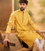 Men yellow silk blend solid embroidered straight kurta