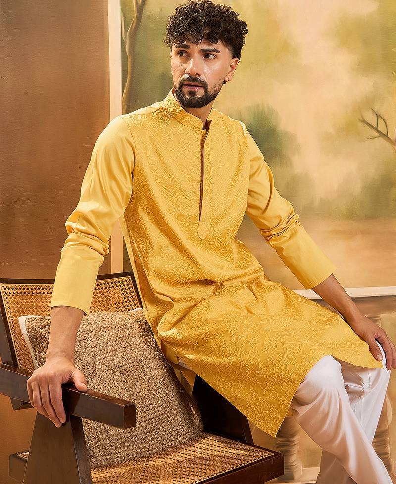 Men yellow silk blend solid embroidered straight kurta