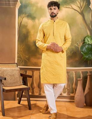 Men yellow silk blend solid embroidered straight kurta 2
