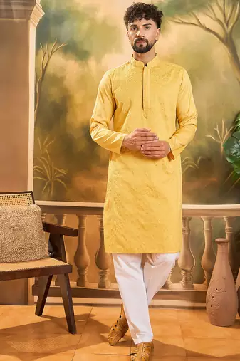 Men yellow silk blend solid embroidered straight kurta