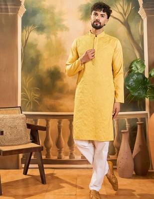 Men yellow silk blend solid embroidered straight kurta 3
