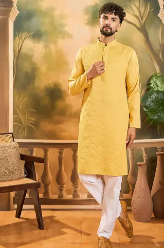 Men yellow silk blend solid embroidered straight kurta