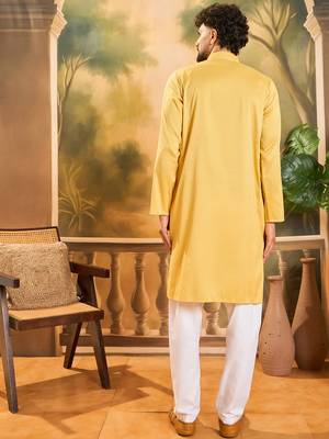 Men yellow silk blend solid embroidered straight kurta 4
