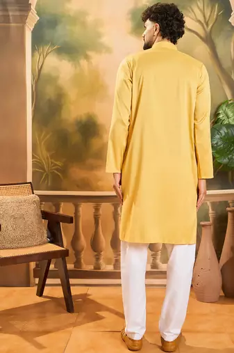 Men yellow silk blend solid embroidered straight kurta