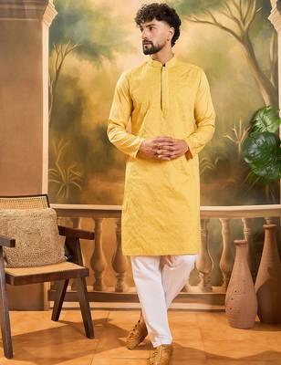 Men yellow silk blend solid embroidered straight kurta 5