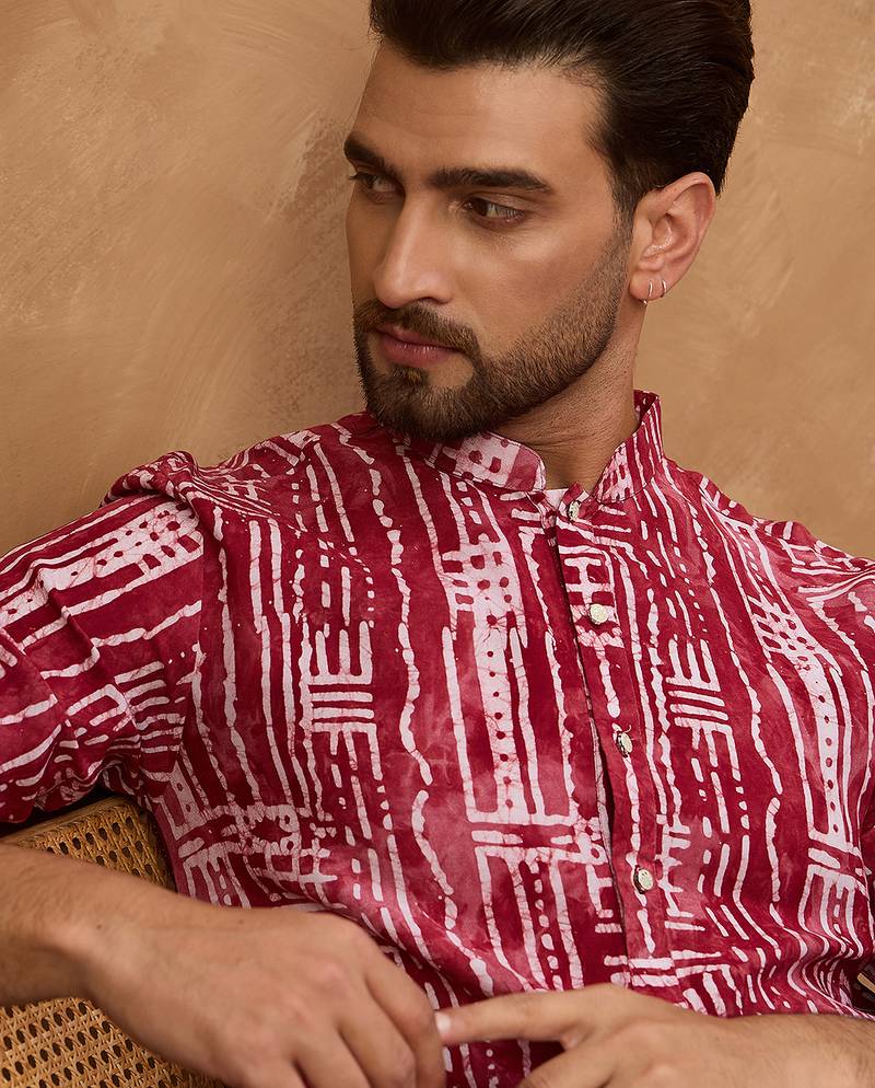 Men red viscose rayon batik embroidered straight kurta