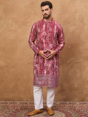 Men red viscose rayon batik embroidered straight kurta 2