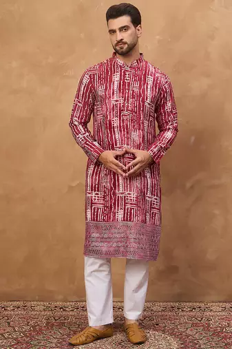Men red viscose rayon batik embroidered straight kurta