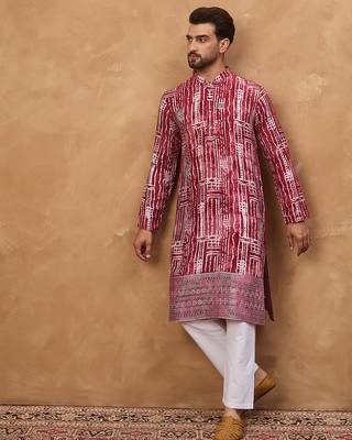 Men red viscose rayon batik embroidered straight kurta 3
