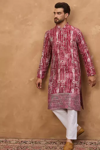 Men red viscose rayon batik embroidered straight kurta