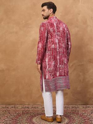 Men red viscose rayon batik embroidered straight kurta 4