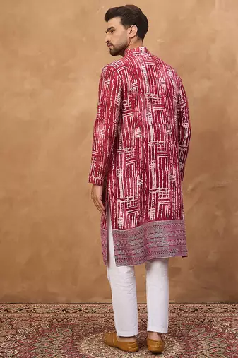 Men red viscose rayon batik embroidered straight kurta