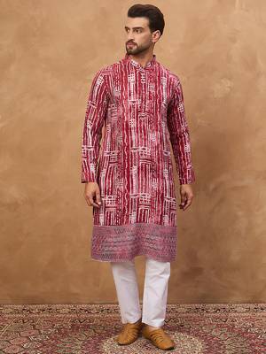 Men red viscose rayon batik embroidered straight kurta 5