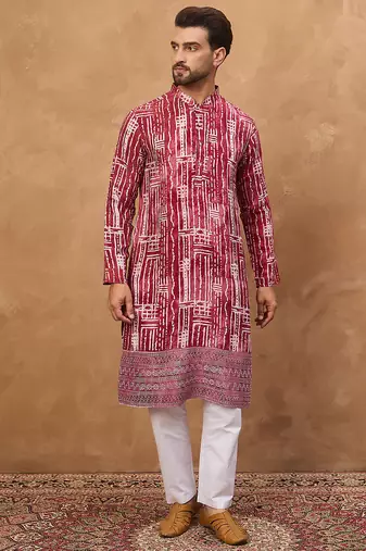 Men red viscose rayon batik embroidered straight kurta