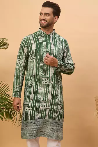 Men green viscose rayon batik embroidered straight kurta
