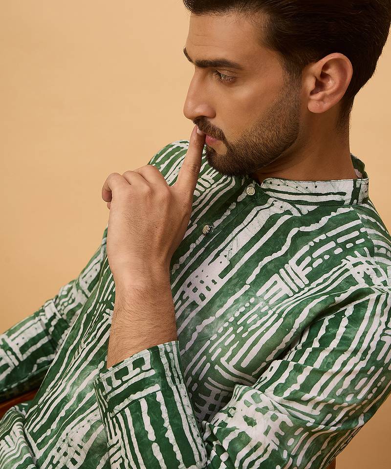 Men green viscose rayon batik embroidered straight kurta