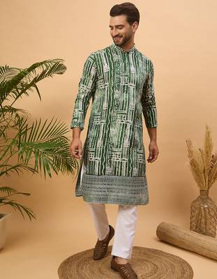 Men green viscose rayon batik embroidered straight kurta 2