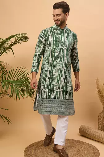 Men green viscose rayon batik embroidered straight kurta