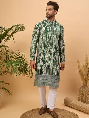 Men green viscose rayon batik embroidered straight kurta 3