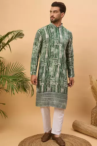 Men green viscose rayon batik embroidered straight kurta