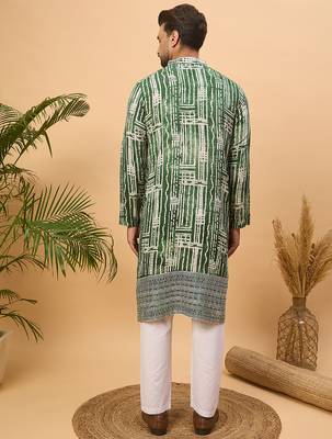 Men green viscose rayon batik embroidered straight kurta 4