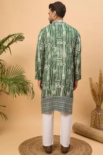 Men green viscose rayon batik embroidered straight kurta