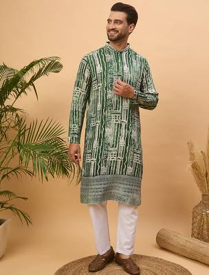 Men green viscose rayon batik embroidered straight kurta 5