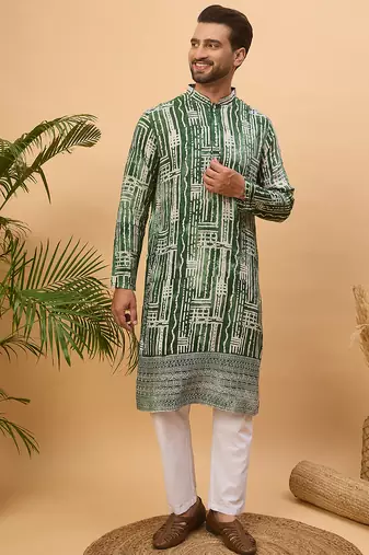 Men green viscose rayon batik embroidered straight kurta