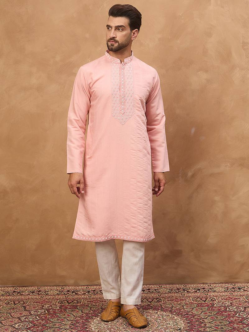 Men peach silk blend solid solid straight kurta