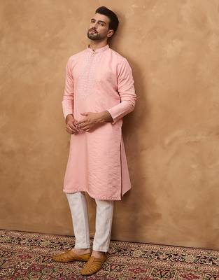 Men peach silk blend solid solid straight kurta 3